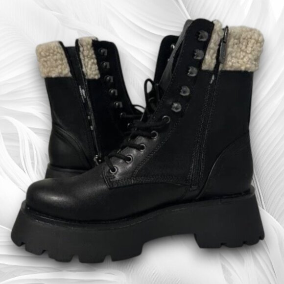 New Women’s Black Faux Leather Combat Boots with Shearling Lining Size: 6 - Picture 2 of 7